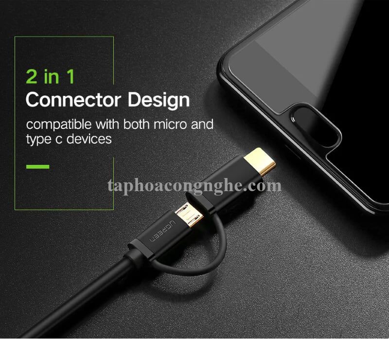 Ugreen 30173 0.5M màu Đen Thiết bị chuyển đổi USB 2.0 sang type-C và micro USB US142 30030173